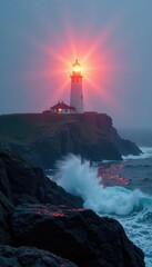 Fototapeta premium Lighthouse beam cutting through fog on the rocky coast, rock, light, lighthouse