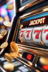Slot machine showing jackpot with falling gold coins