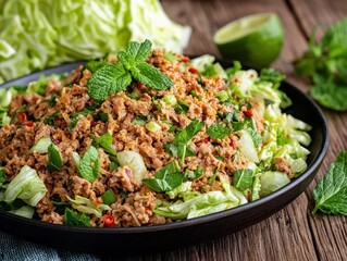 A vibrant, fresh salad garnished with mint leaves, featuring a mix of ground meat and crisp vegetables, served in a black bowl on a wooden table.