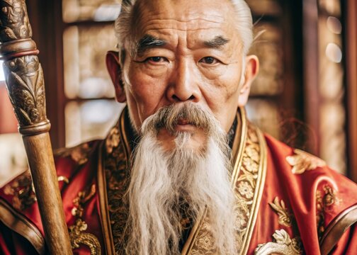 Traditional tang suit portrait of elderly east asian man highlighting wisdom and culture