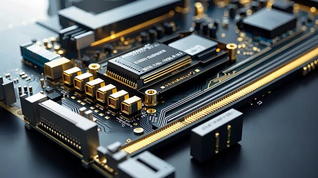 High-Tech Computer Motherboard with Gold-Plated Components and Advanced Circuitry Depicting Modern Electronic Engineering

