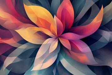 Abstract floral artwork; vibrant, layered petals in warm and cool hues