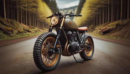 Fototapeta premium Custom scrambler motorcycle on a dirt road through an autumn forest, featuring brown leather seat, black metal accents, and vintage design