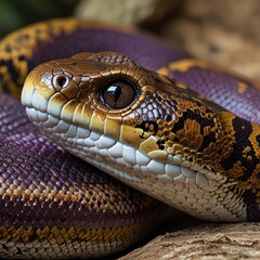 Obraz premium Close-up of a snake's head and neck. A vibrant, detailed view of a reptile's head and upper body. The scales exhibit striking patterns of gold, brown, and purple