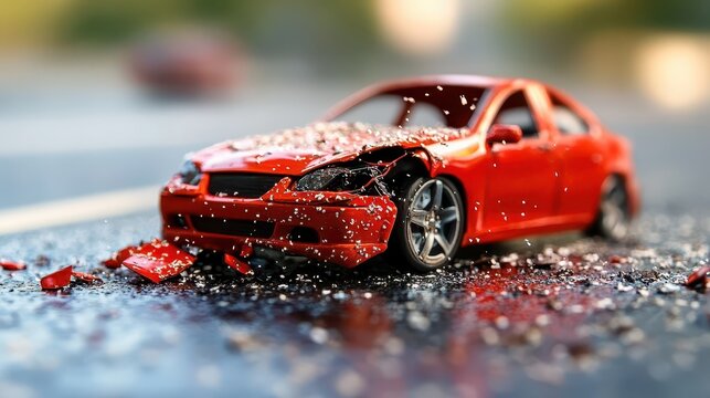 A small red toy car is severely damaged, lying on a road with fragments of plastic scattered around it. The scene illustrates the aftermath of a miniature automobile accident