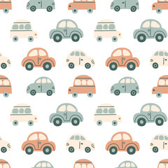 Bohemian baby car seamless pattern. Simple childish boho pastel cars for nursery, packaging, poster, textile, print, wallpaper. Cartoon nordic hand drawn illustration isolated on white background.