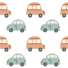 Bohemian baby car seamless pattern. Simple childish boho pastel cars for nursery, packaging, textile, print, wallpaper. Cartoon nordic hand drawn illustration isolated on white background.
