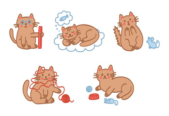 Cute cat doodle set. Simple happy fanny playful characters for card, print, banner, poster. Cartoon cats illustrations for children. Hand drawn illustration isolated on white background.