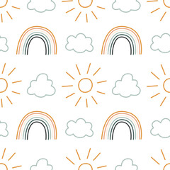 Bohemian baby sun seamless pattern. Simple childish boho elements for nursery, packaging, poster, textile, print, wallpaper. Cartoon nordic hand drawn illustration isolated on white background.
