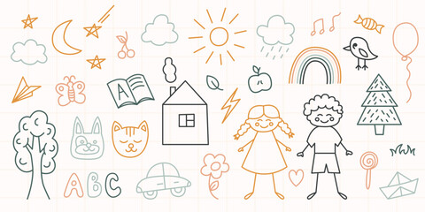 Bohemian baby daycare doodle set. Cute boho pastel kindergarten elements for children. Simple nordic template for nursery, print, poster, card. Hand drawn illustration, bold lines with colored marker.