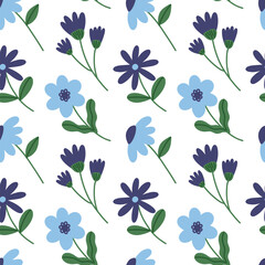 Trendy floral seamless pattern. Simple childish blue, purple daisy. Spring flower template for packaging, postcards, textile, print, wallpaper. Hand drawn illustration isolated on white background.