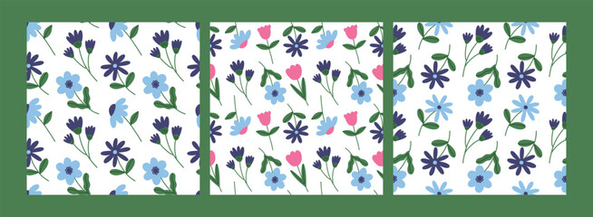 Trendy floral seamless pattern set. Simple childish daisy, tulip, rose. Spring flower template for packaging, postcard, textile, print, wallpaper. Hand drawn illustration isolated on white background.