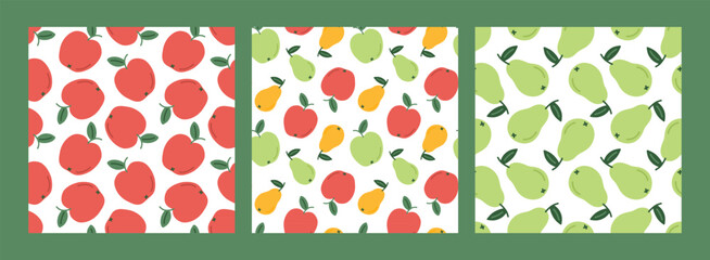 Cute apple pear seamless pattern set. Fruit template for packaging, postcard, printing, wallpaper. Childish minimal print. Cartoon background. Hand drawn doodle illustration isolated on white.