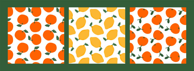 Cute orange mandarin lemon seamless pattern set. Citrus template for packaging, card, print, wallpaper. Childish minimal print. Cartoon background. Hand drawn doodle illustration isolated on white.