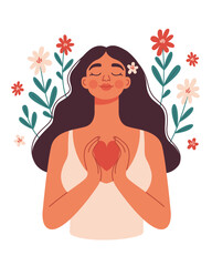 A girl among flowers hugs a heart. Happy smile women. Spring template, poster, banner. Self love, care, harmony, mental health, positive concept. Hand drawn illustration isolated on white background.
