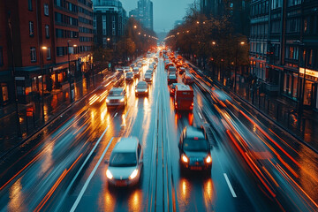Obraz premium Busy urban street scene at dusk with cars in motion and rain-soaked pavement reflecting lights