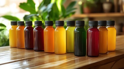 A variety of colorful juices in small bottles are neatly arranged on a wooden table. The setting features bright natural light and lush greenery in the background, enhancing the vibrant colors
