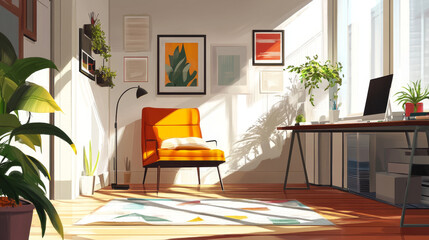 Sunlit room with orange armchair, desk, and plants; a peaceful, bright workspace