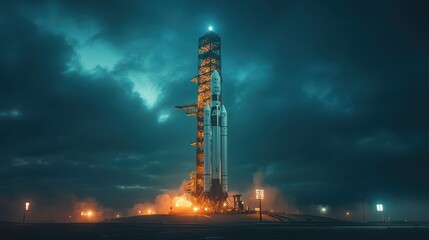 Obraz premium A massive rocket stands ready for launch as flames shoot from its engines, illuminating the launchpad in a dramatic display against dark, stormy clouds during twilight