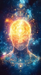 Obraz premium Enlightened Mind: An ethereal visualization of the human mind illuminated by cosmic energy, showcasing intricate connections and the boundless expanse of thought, creativity, and consciousness.
