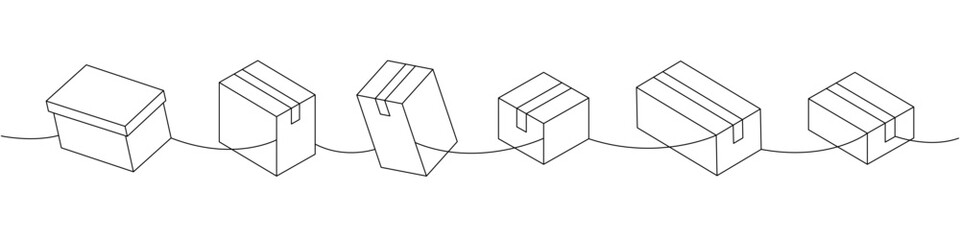 Present boxes one line continuous drawing. Cardboard boxes. Vector illustration.