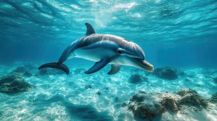 Obraz premium A dolphin swims effortlessly in crystal-clear waters, gliding above a sandy ocean floor. Sunlight filters through the surface, illuminating vibrant coral formations nearby