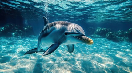 Fototapeta premium A dolphin swims elegantly through the clear waters of a tropical ocean, its playful nature on full display as sunlight dances on the surface, illuminating the underwater habitat