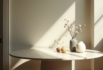 Sunlight and Shadow on Marble: Explore a Minimalist Aesthetic with a Commodity Photo Featuring a Marble Table, Soft Lighting, Fine Ornaments, and a Neutral Color Palette.

