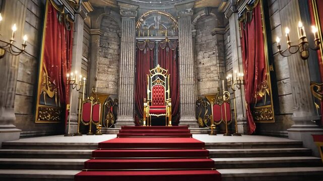 Royal throne on a red carpet with golden accents in a stone castle