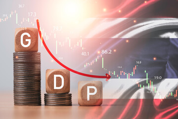 Double exposure of GDP with red down arrow and Thailand flag for Thailand have Gross Domestic Product and economic decreasing trends in every year concept.