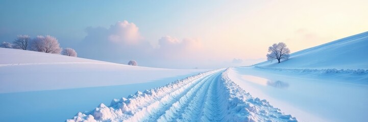 Speckled snowy landscape with a winding path and a few trees in the distance,, mist, path