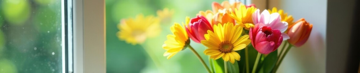 Fototapeta premium Spring bloom bouquet with colorful flowers on windowsill, stems, arrangement, spring