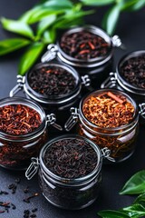 A collection of various loose teas in glass jars on a dark background