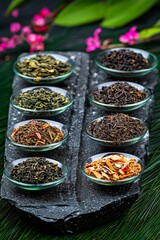 Fototapeta premium A vibrant display of various loose leaf teas arranged in glass bowls