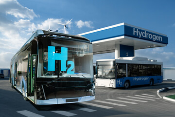 Fuel cell bus on the hydrogen filling station