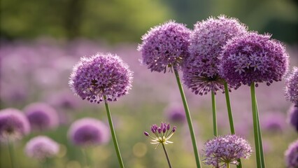 Obraz premium Allium in Bloom: An enchanting display of Allium flowers, their spherical purple blooms standing tall in a field, evoking a sense of springtime joy and natural beauty.