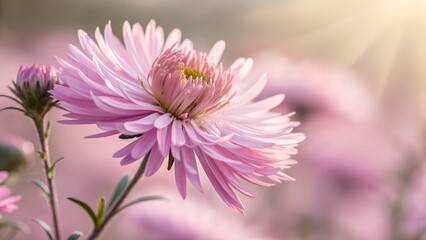 Obraz premium Blooming Beauty: A close-up shot of a vibrant pink aster, petals elegantly unfurling, basking in the warm embrace of sunlight, capturing the delicate beauty and essence of nature.