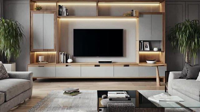 Contemporary living room with custom wall unit, TV, and stylish decor