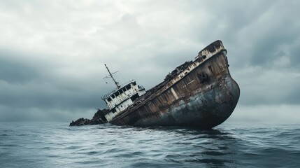 Abandoned Shipwreck in Stormy Ocean Under Dark Cloudy Sky