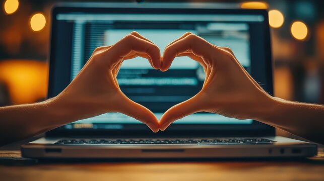 Two hands create a heart shape while positioned in front of an open laptop, surrounded by warm glowing lights in a comfortable workspace during the evening