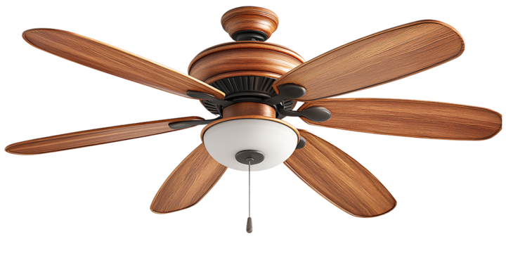 A ceiling fan with wooden blades, transparent background, PNG