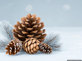 Close-up of pine cones and frosted pine branches on a snowy background