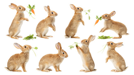 Fototapeta premium Various poses of rabbits showcasing playful behavior in a natural setting