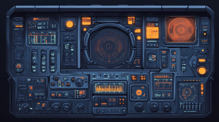 Futuristic control panel; intricate array of digital displays and interface buttons