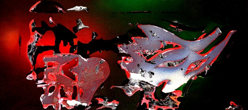 ELECTRIC GUITAR, acrylic paint on primed cardboard : on a gradient background from dark red to dark green, three abstract openwork forms cast their shadows and illustrate a pop-rock electric guitar.