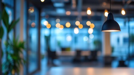 Modern office interior with pendant lighting, featuring blurred background elements and a tranquil ambiance