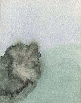 THE WOOD, blue-green watercolor on Arches paper : by a sunny day, around noon according to the shadows cast, a small deciduous wood, seen from high in the sky, is surrounded by a vast desert cleariing