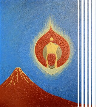 THE BOOK, oil and acrylic painting on canvas: above a volcanic mountain stands a ceremonial, royal or sacred figure, its face featureless but crowned, appearing to burn outwardly
