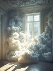 Thick, billowing clouds create a dreamlike atmosphere in a vintage room, illuminated by soft sunlight filtering through a large window. The serene scene evokes a sense of wonder