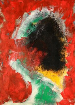 TOUAREG, oil painting on coated cardboard 50x36: on a red background spotted the silhouette of a man or woman with dark skin girded from the forehead to the neck by a white, yellow, green litham.